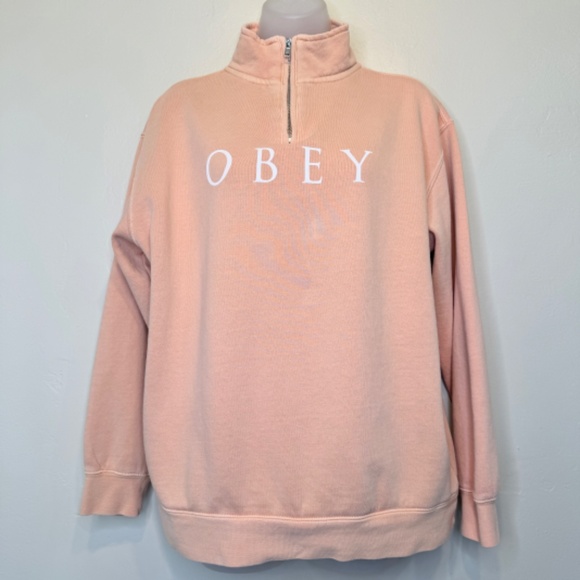 OBEY Mock Neck Dusty Pigment Henley Zip Dual Side Pockets Long Sleeve Sweatshirt - Picture 2 of 12